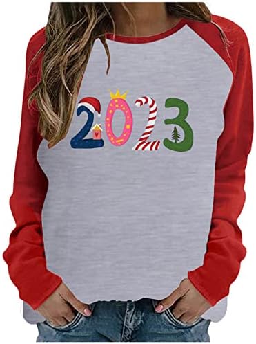 2023 Коледни Блузи за Жени, Забавни Празнични Ризи, Свободни Ежедневни Ризи с Дълъг Ръкав, Hoody с кръгло деколте