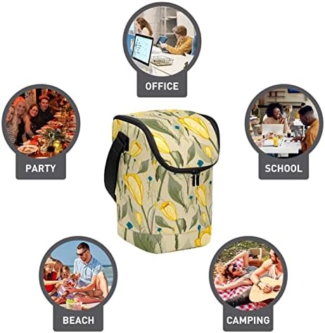 Чанта за обяд за Жени и Мъже, Утепленная Чанта-Тоут с Жълто Цвете Лале и Зелени Листа в Ретро стил с Регулируем