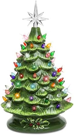 15-инчов Предварително Осветени Ръчно Керамична Настолна Коледно Дърво със светлини - Зелено