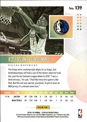 2018-19 Статут на Панини #139 Костас Антетокоунмпо Начинаещ Далас Маверикс Баскетболно карта НБА