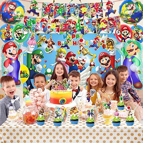 Марио Birthday Party Доставя Украса за рожден Ден с Фона, Банери, 20 Пълнеж за Кифли, Украса Торта, 20 Латексови