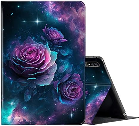 Калъф за Samsung Galaxy Tab S7 FE 12,4 инча 2021 (SM-T730/T733/T736/T738) Samsung Tab S7 Плюс Калъф за таблет с тънка стойка от изкуствена кожа Smart Cover за Samsung Tab S7 FE 5G-Лилави цветя в Галактиката