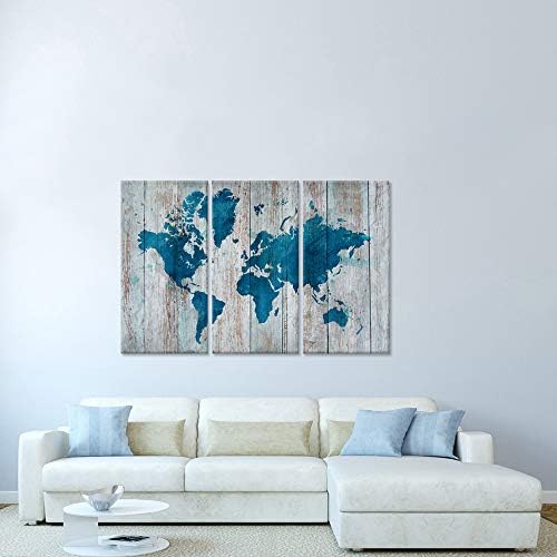 iHAPPYWALL 3 Панела Карта на света Стенно изкуство Реколта Тюркоаз карта на света Върху дървен фона на Съвременната