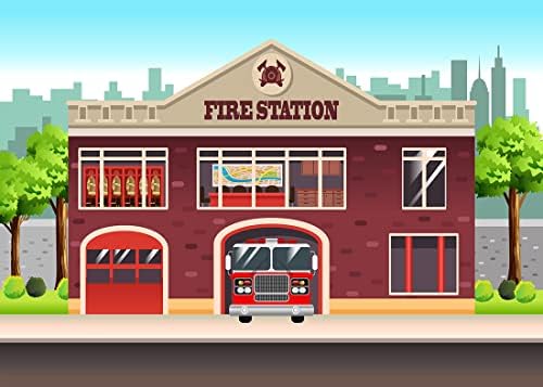 BELECO 10x8ft Плат Карикатура Градска Пожарна Станция Фон Пожарникар Тема Пожарна Машина, Детски Фон за рождения