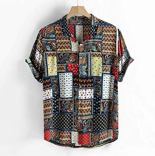 Ризи с къси ръкави за Мъже Реколта в Етнически Стил, Леки Блузи с Потертым Принтом, Къс Ръкав, Стойка, Реколта