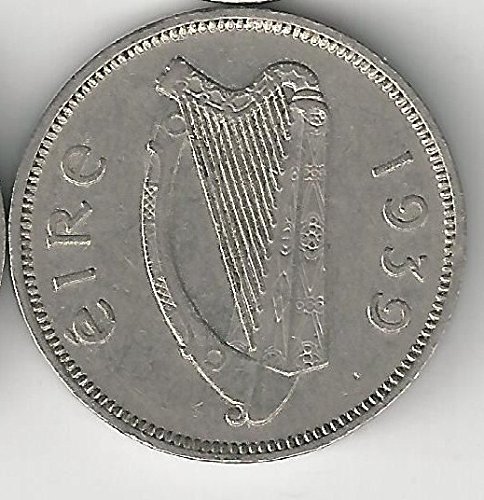 Ирландски шестипенсовик 1939 г. - ПОЧТИ БЕЗ ЛЕЧЕНИЕ - Ирландски голяма ловджийска хрътка / Селтик арфа - Отчеканено