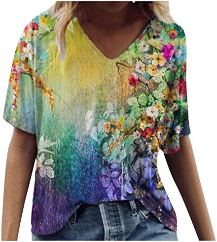Блузи с Флорални Принтом за Жени, Ризи с Къс Ръкав Размер Плюс, V-Образно Деколте, Ежедневни Тренировочная Риза,