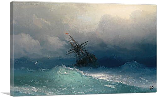 ARTCANVAS Кораб в Штормовом морето 1858 Платното, картината на Иван Айвазовски - 26 x 18 (дълбочина 0,75)