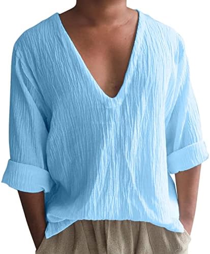 XXBR Памучни ленени Ризи с V-образно деколте за мъже, Есенна плажната тениска за почивка с дълъг ръкав Свободно,