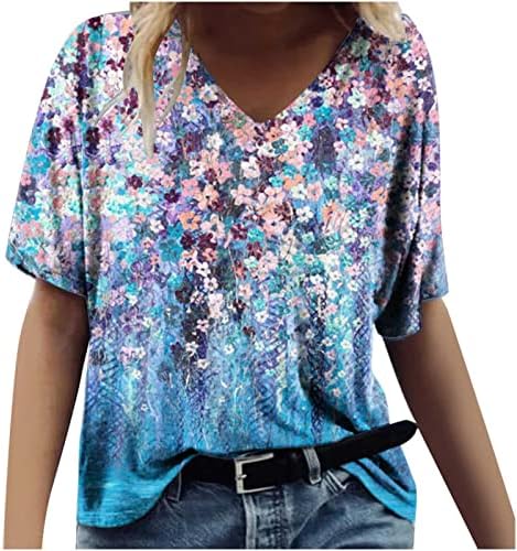 Дрехи с Къс Ръкав, Модни Памучен Тениска Y2K Vneck с Цветен Модел за Късна Закуска за Момичета, Лятото, Есента