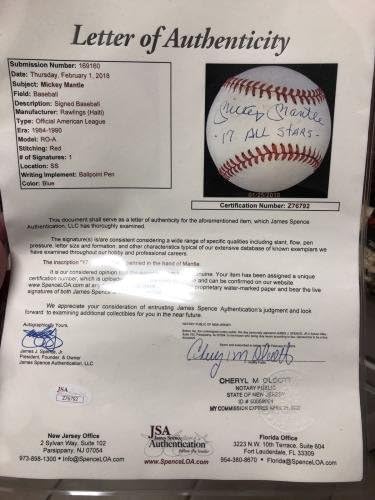 Мики Мэнтл 17x All Stars Подписа Бейзбол JSA LOA HOF MVP йорк Янкис - Бейзболни топки с автографи