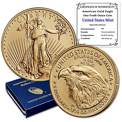 2023 Без знака на ментата Монета в златни кюлчета Американски орел с тегло от 1/10 унция, Лъскава, без лечение,