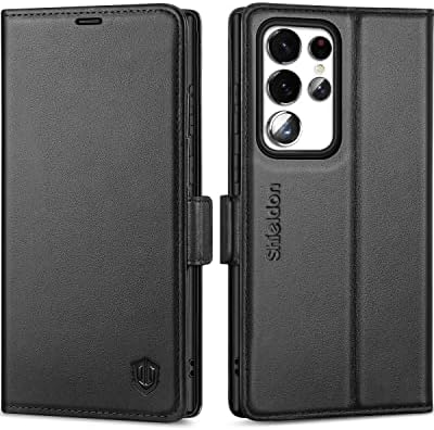 Чанта-портфейл SHIELDON за Galaxy S23 Ultra 5G, калъф от естествена кожа, Поставка за кредитни карти с RFID