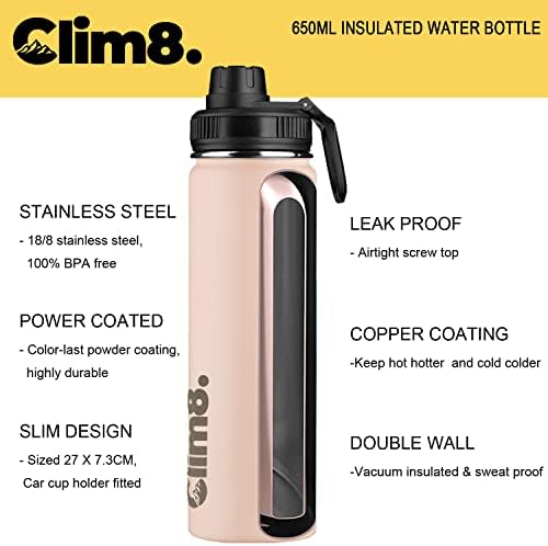 Clim8 Бутилка за вода от неръждаема Стомана: 650 мл Черно/Бял Градиент Метална Бутилка за вода с изолация, 12