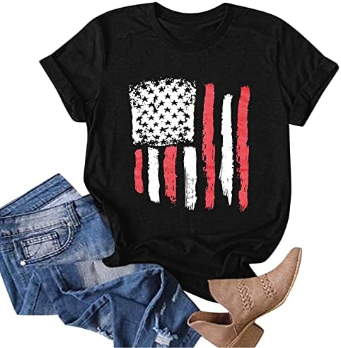 Летни Потници за Жени, с Кръгло деколте, Патриотични Ризи с Къс Ръкав на 4 Юли, Тениски с образа на Американския
