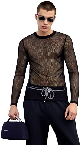 Verdusa Мъжки Прозрачна Риза в рибарска мрежа С Дълъг ръкав, Потници за мускулите, Топ Тениска