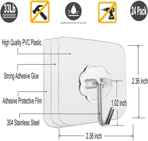 Стенен куки 33 лири/15 кг (макс) за Многократна употреба Прозрачни Безшевни куки за закачване, Водоустойчив