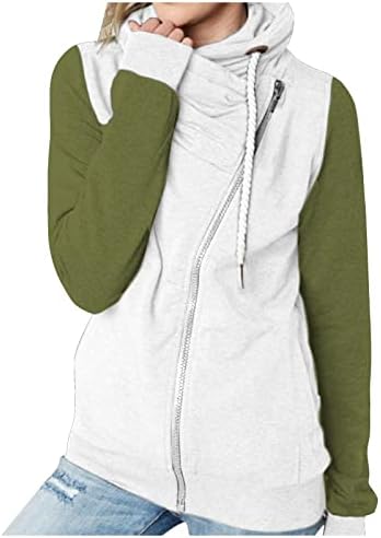 COKUERA Дамска Мода Цветен Блок Срастване Ръкави Hoody Палто Ежедневните Свободни Дантела с Цип С Висока Яка