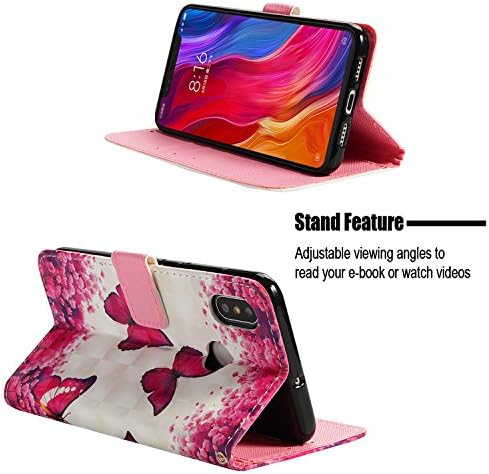 Калъф Xiaomi Mi 8, Чанта-портфейл Xiaomi Mi 8, Калъф от Изкуствена кожа с Отделение за карти и Чанта-портфейл с магнитна закопчалка за Xiaomi Mi 8 - Розово-Червена Пеперуда